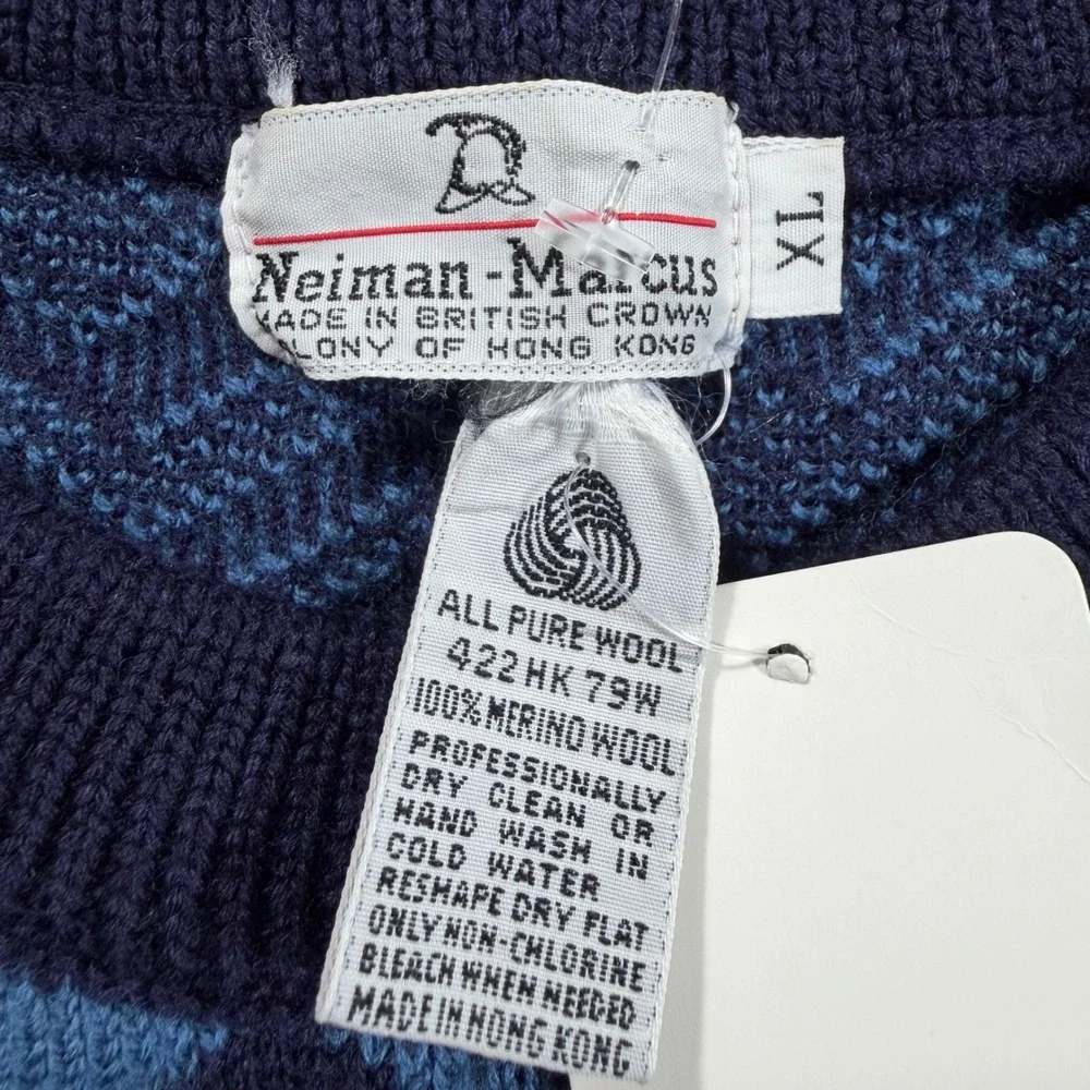 Vtg Neiman Marcus Mens XL Blue Black Zig Zag Knit Sweater Long Sleeve‎ 100% Wool